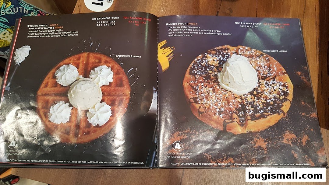 A menu showcasing two types of waffles: Classic Waffle and Muddy Buddy.