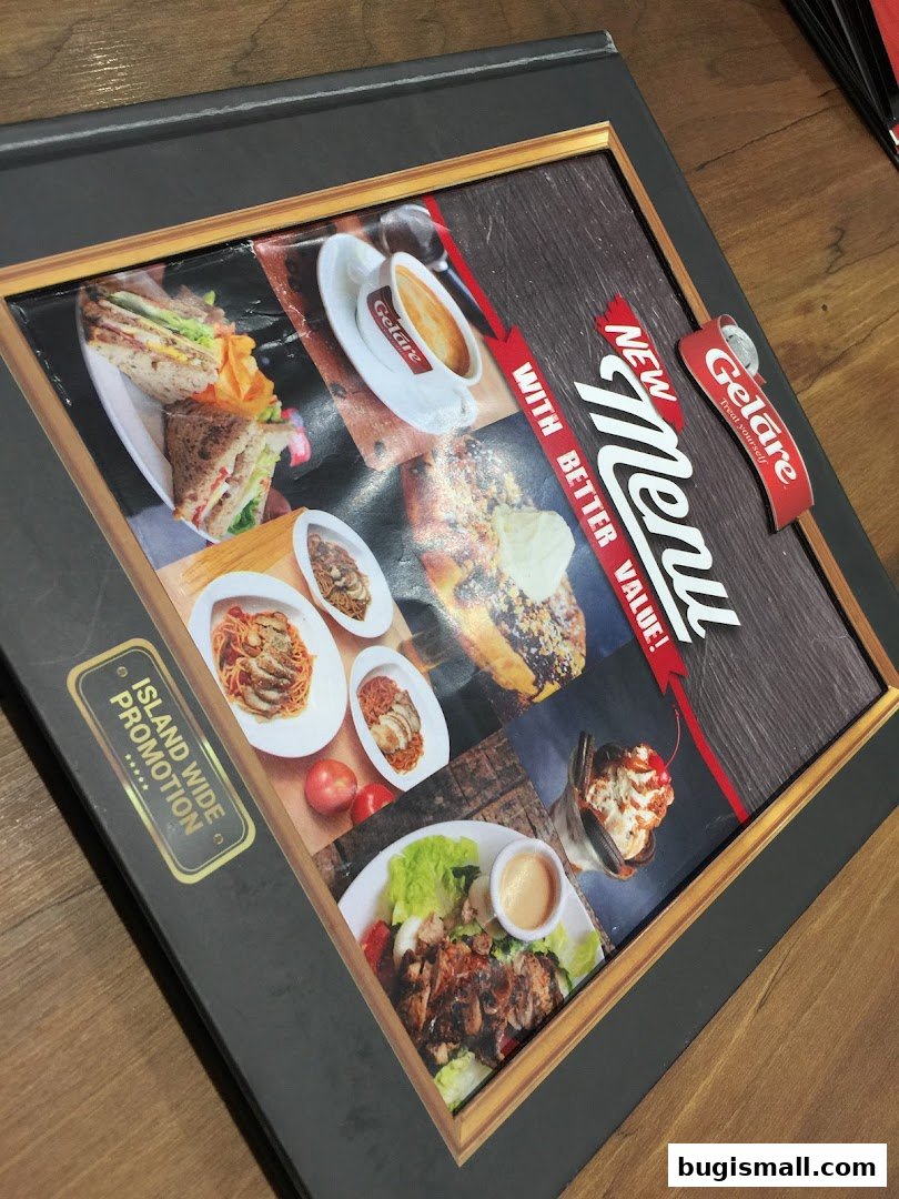 A menu from Geláre Bugis showcasing various food items and a new menu promotion.
