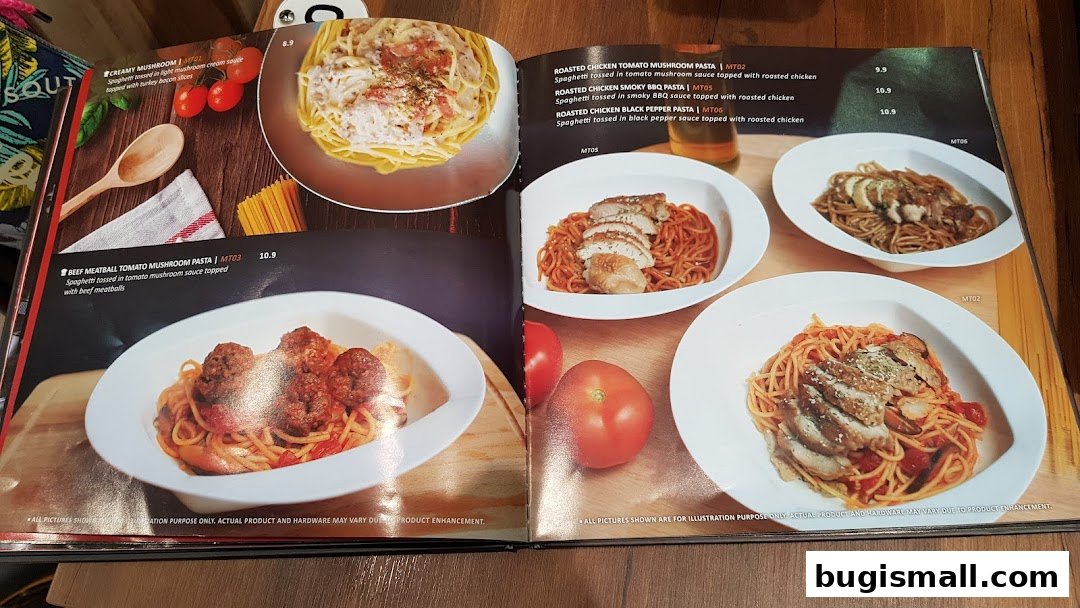 A menu showcasing various pasta dishes with appetizing images and descriptions.