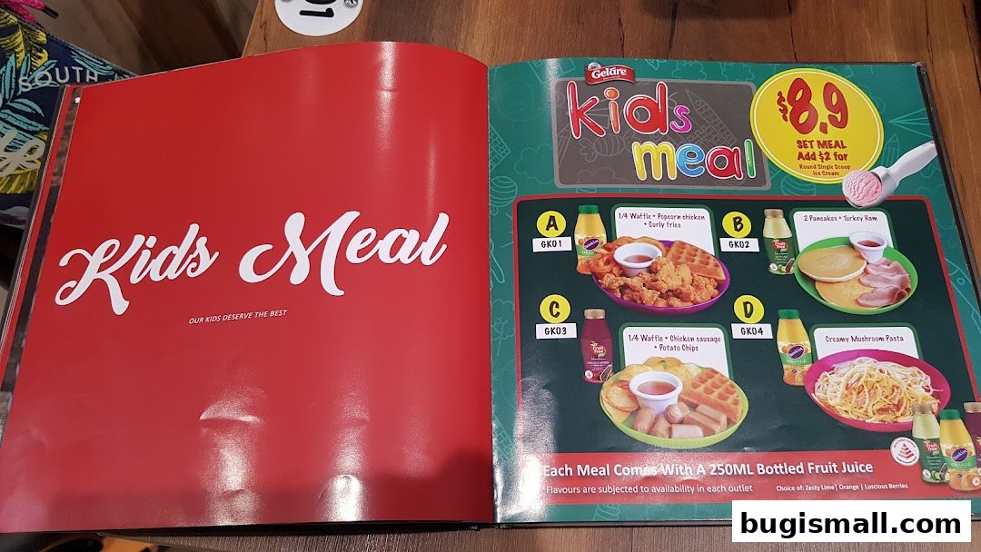 A menu showcasing Geláre's kids meal options with various food and drink combinations.