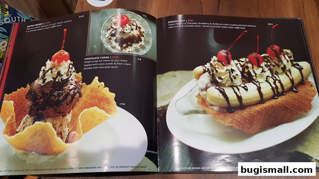 A menu page showcasing two ice cream desserts: a waffle basket and a banana split.