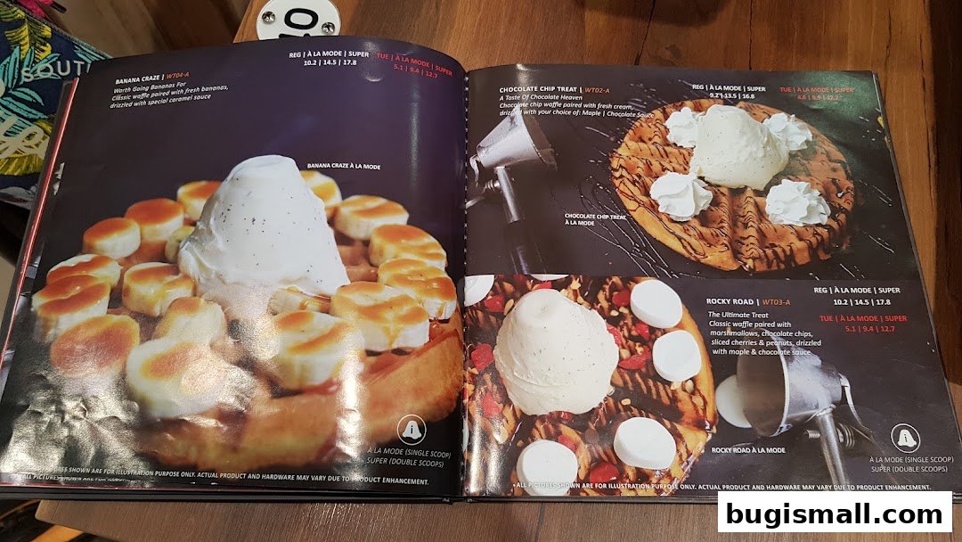 A menu showcasing delicious waffles with ice cream and toppings.