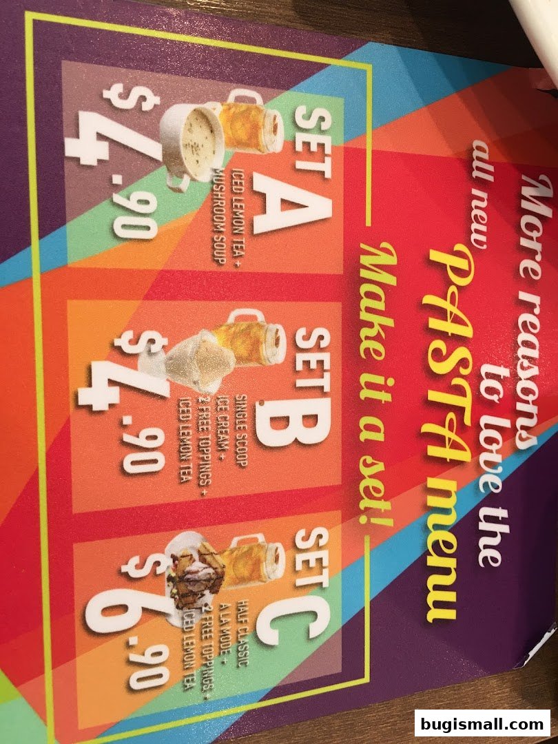 A menu showcasing three sets with prices and descriptions of food and drinks.