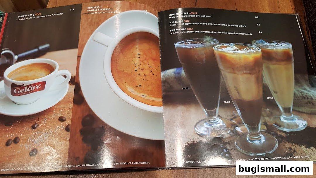 A menu spread showcasing various coffee drinks from Geláre, including espresso and iced beverages.