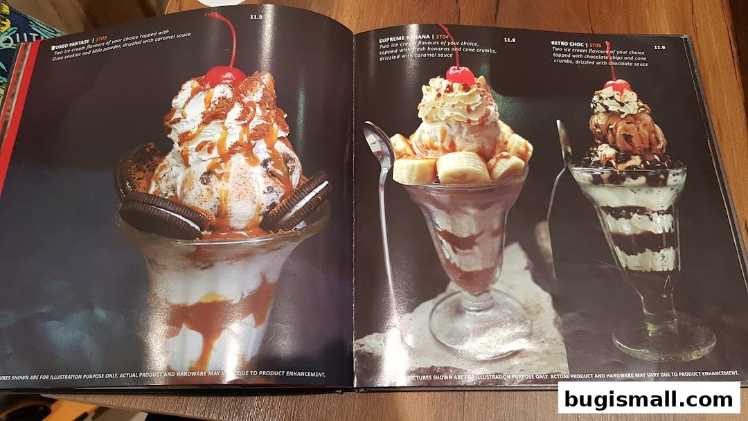 A menu showcasing three decadent ice cream sundaes with detailed descriptions and prices.
