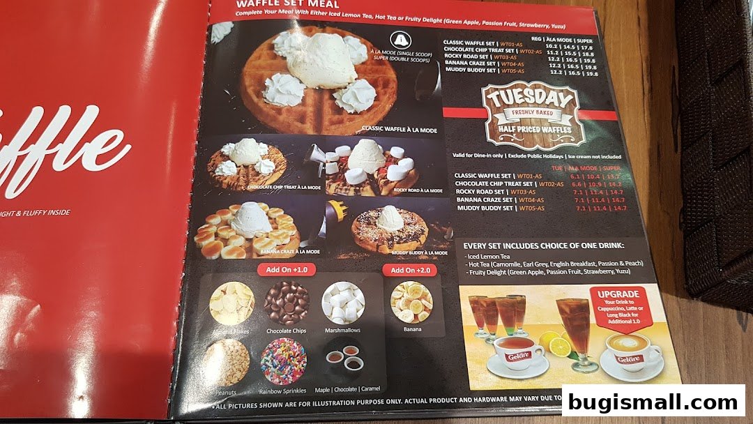 A menu showcasing various waffle sets with toppings and drink options from Geláre.