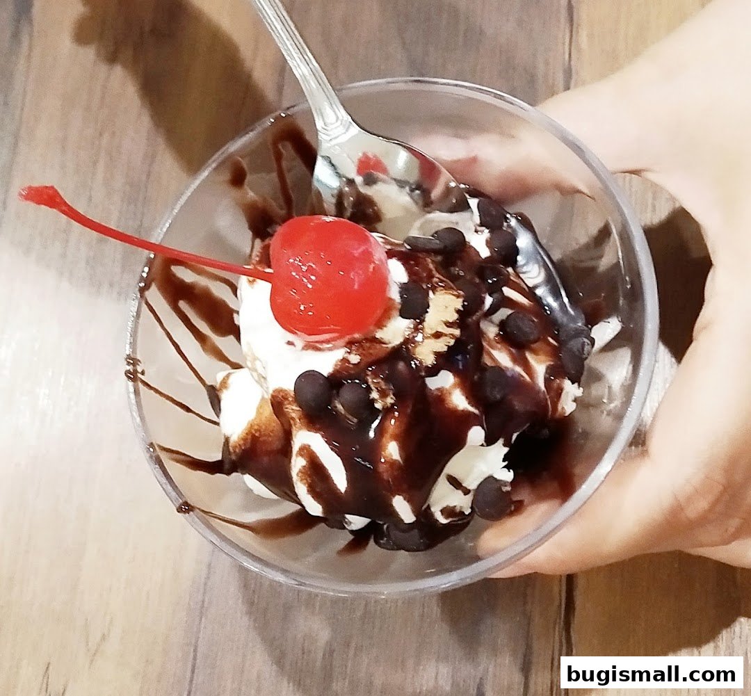 A delicious ice cream sundae topped with chocolate sauce, chocolate chips, and a cherry.