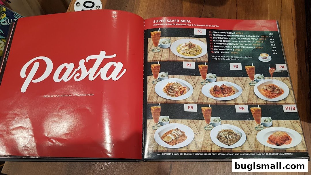 A menu featuring various pasta dishes with accompanying soup and drink.