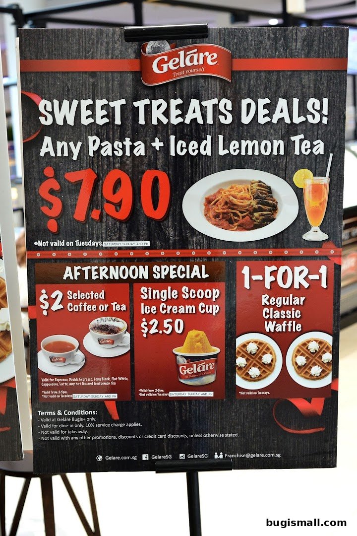A menu board advertising sweet treat deals and afternoon specials from Geláre.