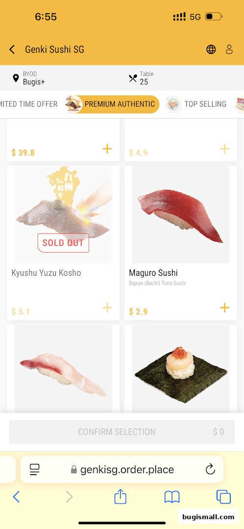 A mobile screen displaying a menu of sushi items from Genki Sushi SG.