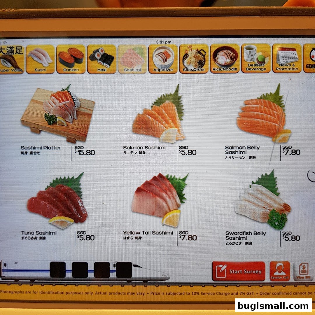 A digital menu displaying various sashimi dishes and sushi categories with prices.