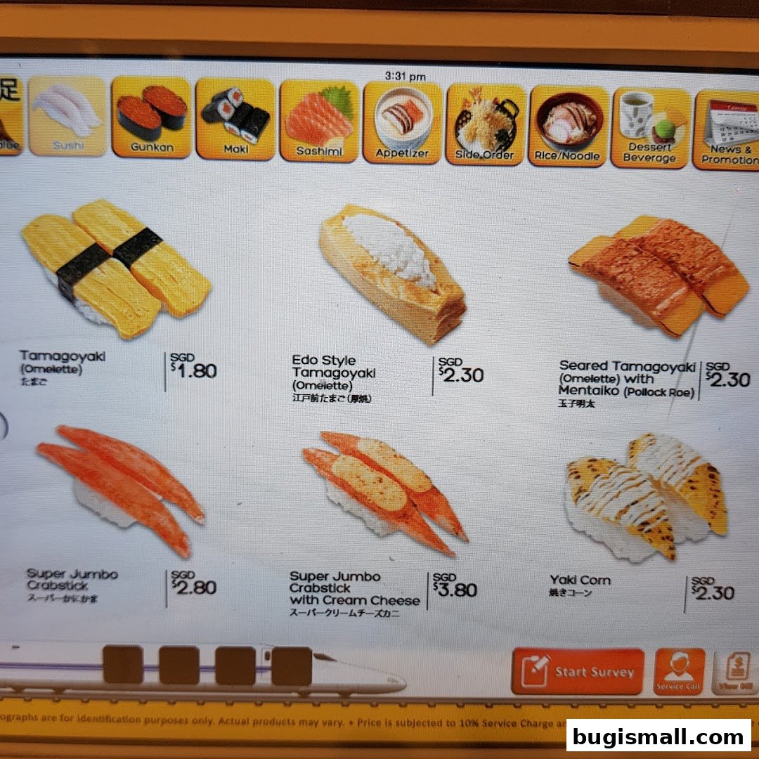 A digital menu displaying various sushi items with images and prices.