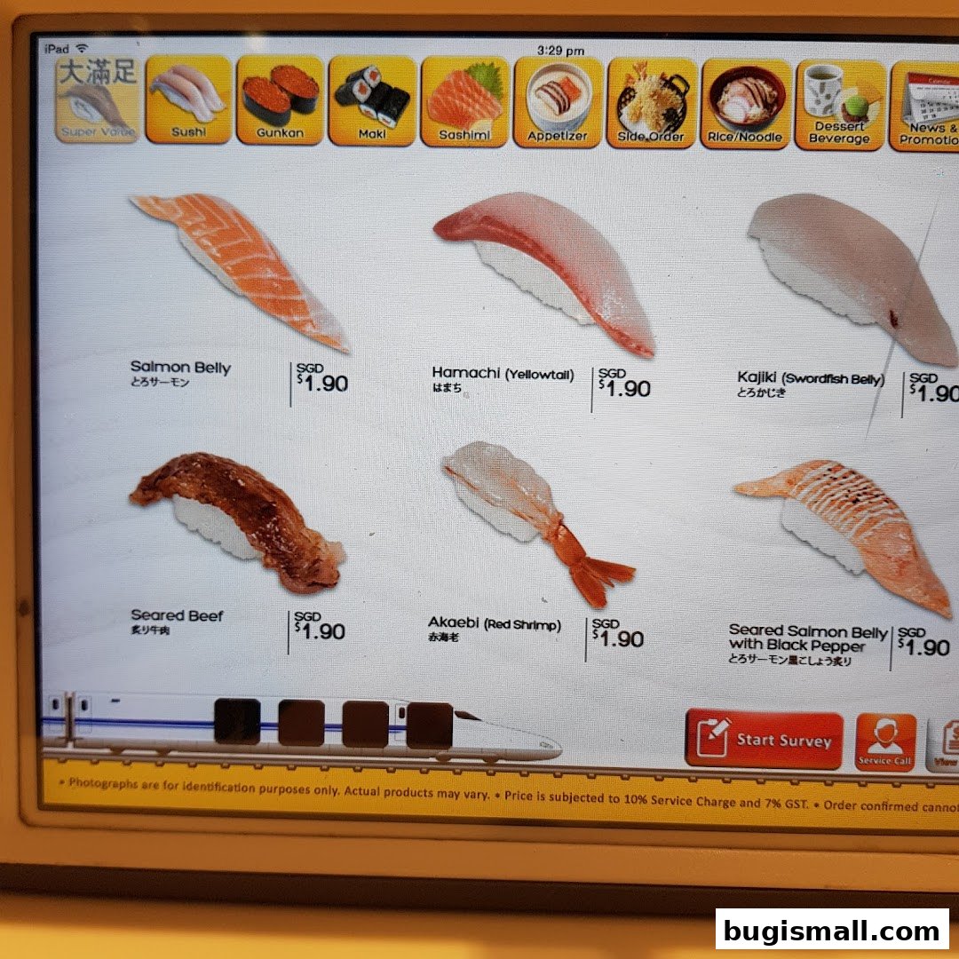 A digital menu displaying various sushi items with prices and images.