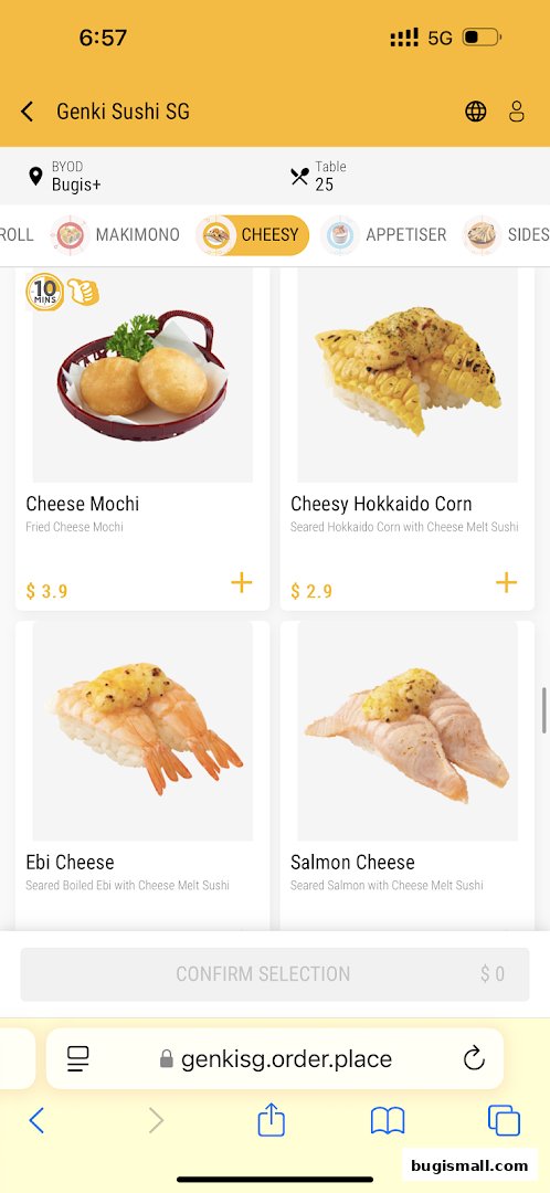A mobile screen displaying a menu of cheesy sushi items from Genki Sushi.