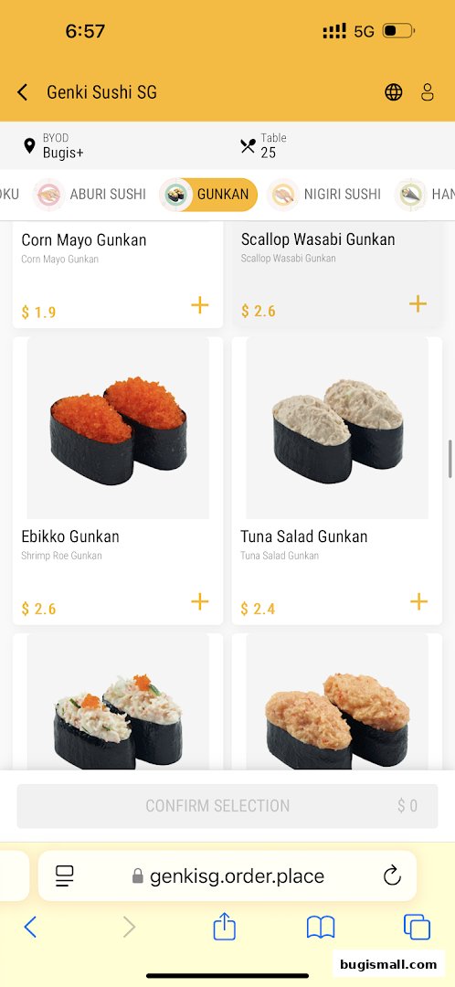 A mobile screen displaying a menu of Gunkan sushi items from Genki Sushi.