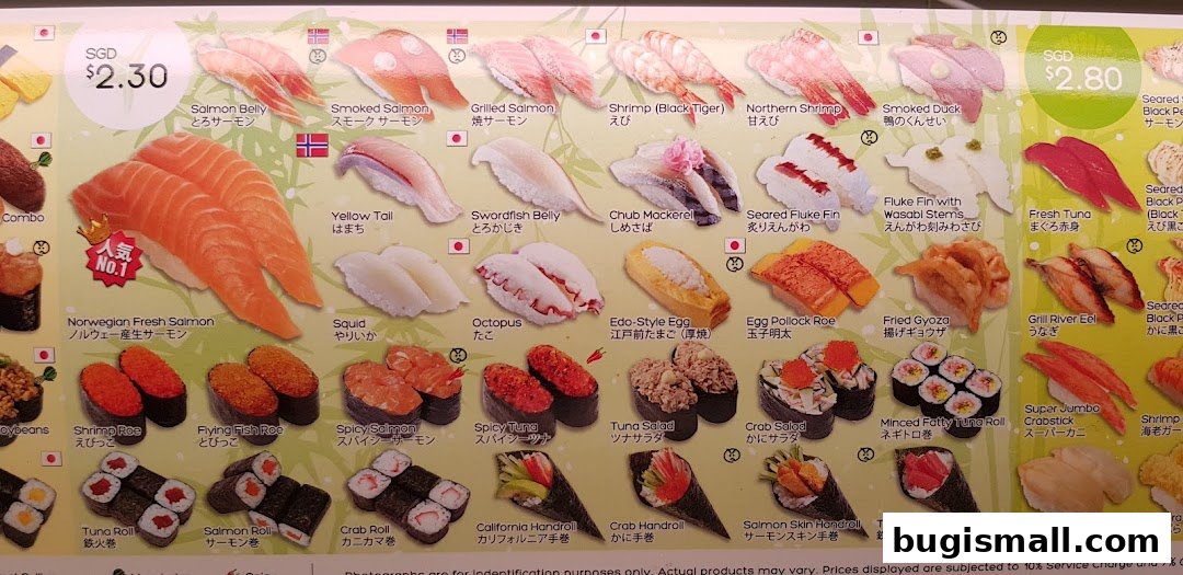 A colorful menu displaying various types of sushi and their prices.