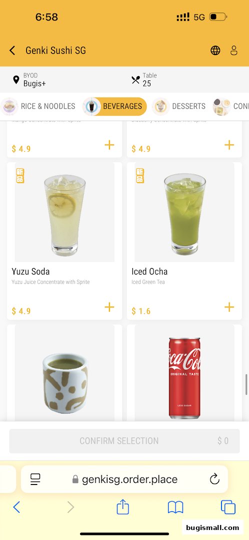 A screenshot of the Genki Sushi SG app showing beverage options like Yuzu Soda and Iced Ocha.