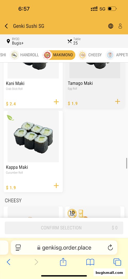 A mobile screen displaying a menu of sushi items from Genki Sushi.