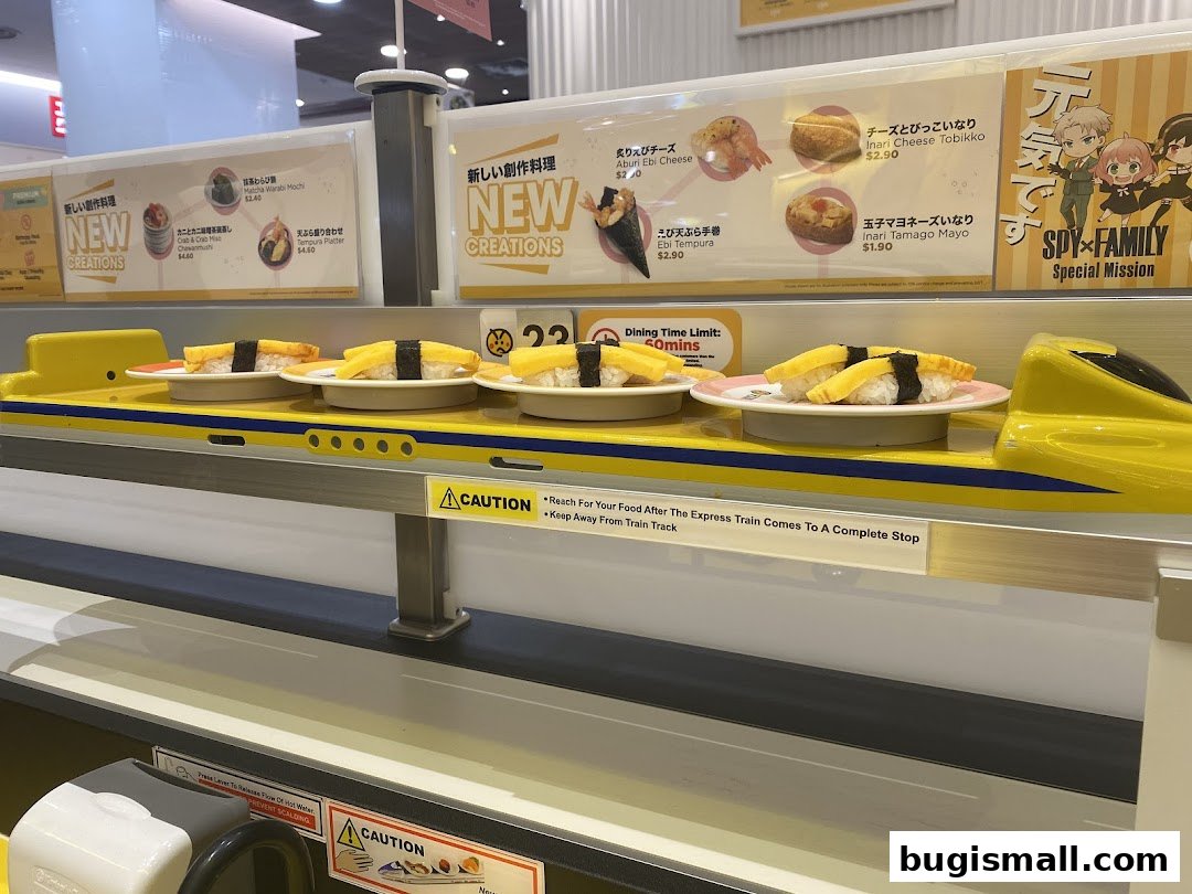 Sushi served on a conveyor belt with new creations and SPY x FAMILY promotion.