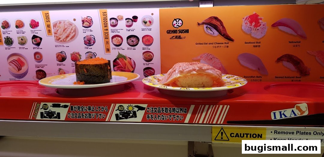 Conveyor belt sushi with various sushi dishes and menu items displayed.