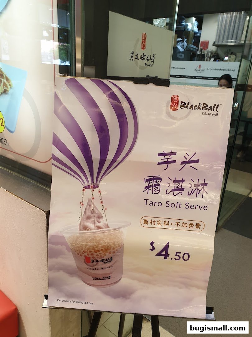 A poster advertising Black Ball's Taro Soft Serve with pearls for $4.50.