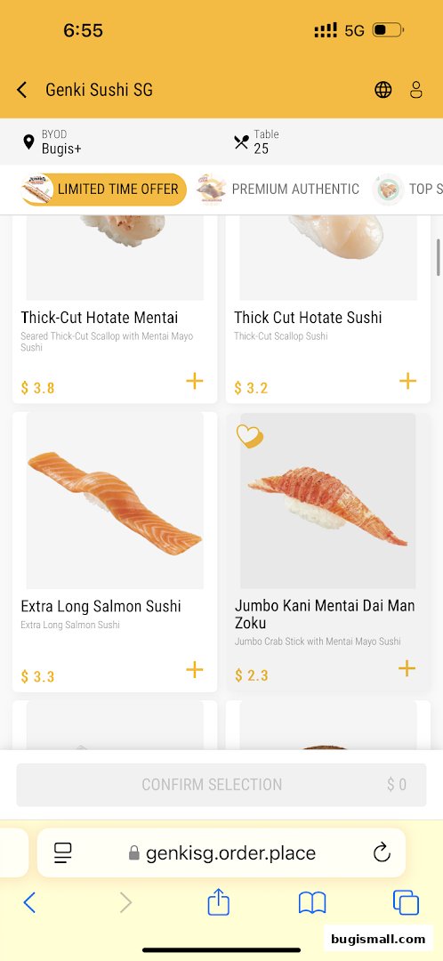 A mobile screen displaying a sushi menu with various items and prices.