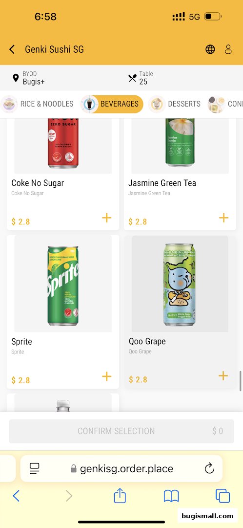 A mobile screen displaying a menu of beverages from Genki Sushi SG.