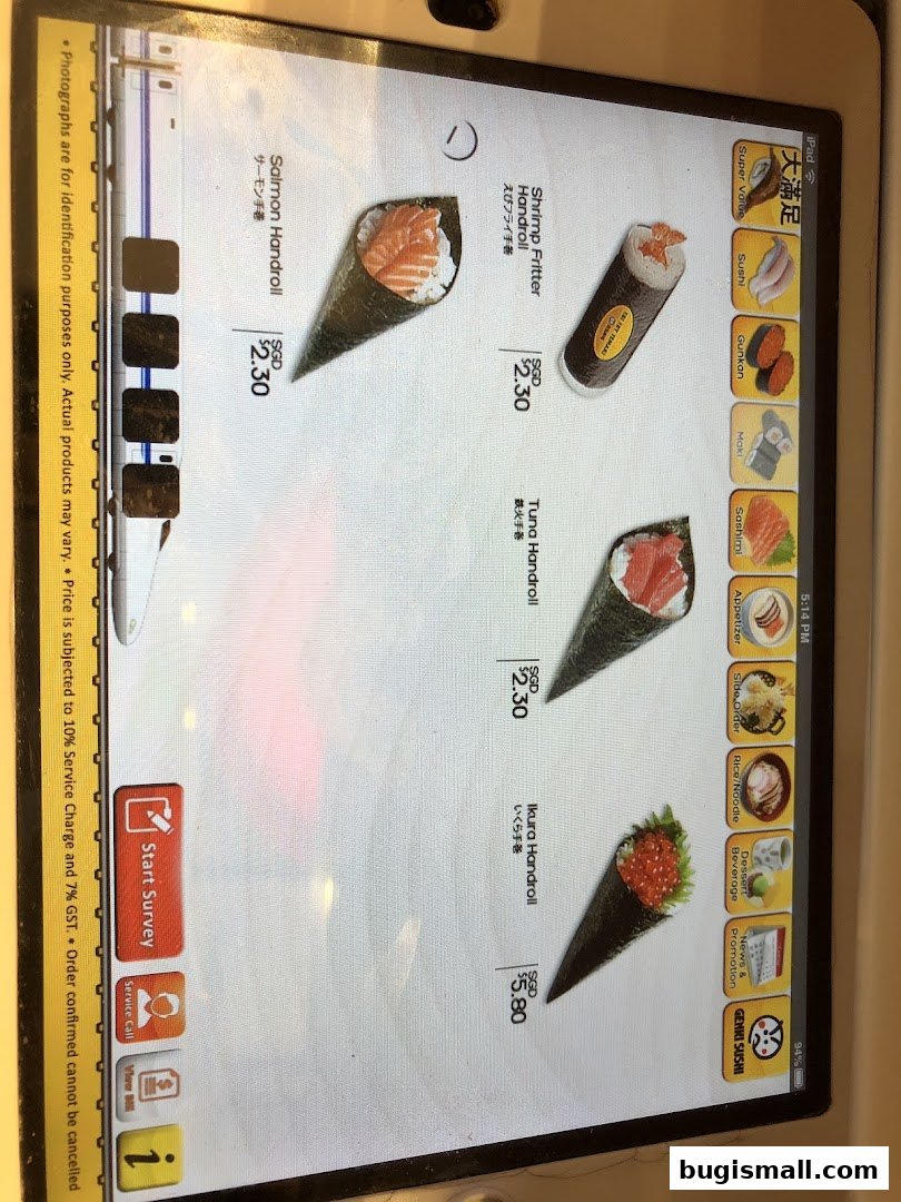 A tablet screen displaying a menu of sushi handrolls with prices and images.