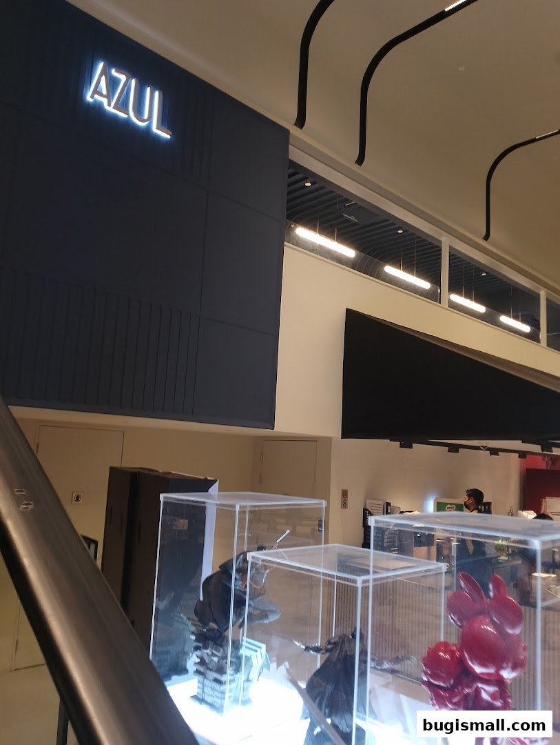 Interior view of a shop with the 'AZUL' logo and display cases with figures.