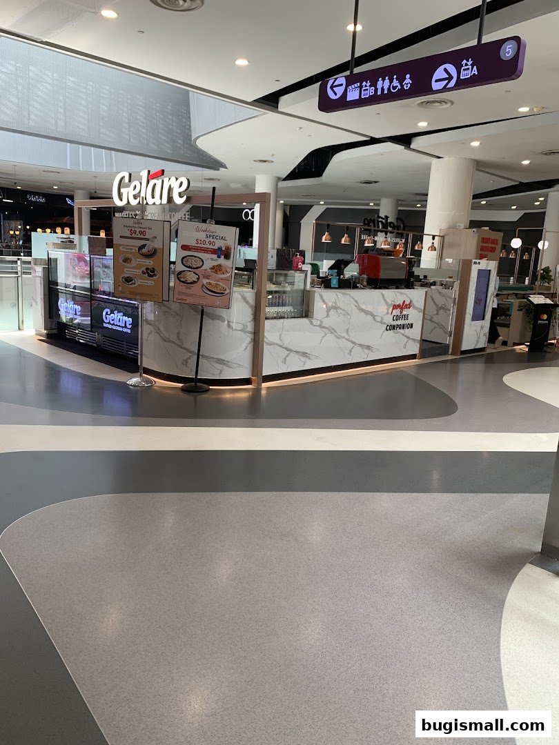 A Gelare shop with a marble-patterned counter and display cases.