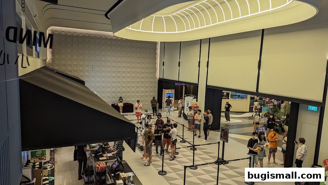 People queuing inside a modern cinema lobby with a concession stand visible.