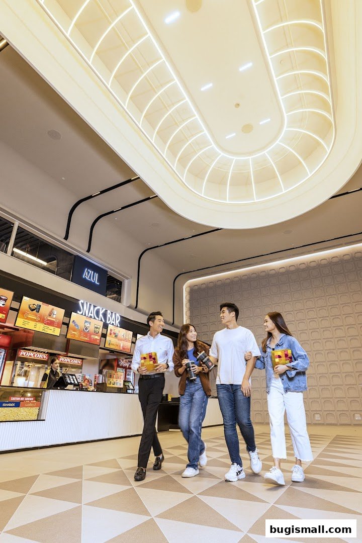 People walking past a snack bar at a cinema with popcorn and drinks.