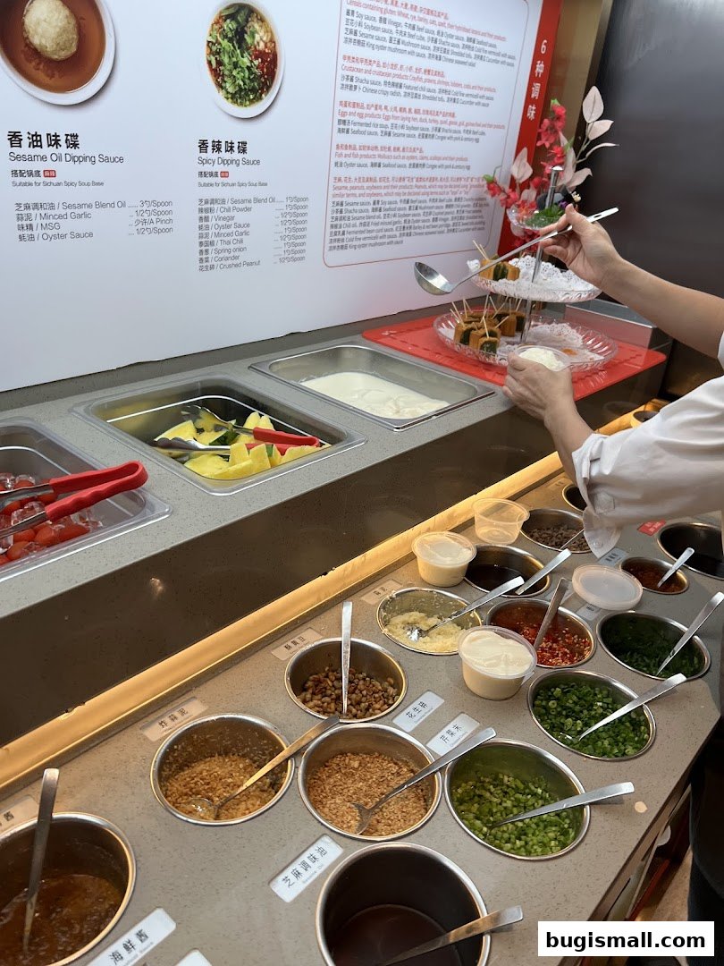 A selection of dipping sauces and ingredients for hot pot at Haidilao.
