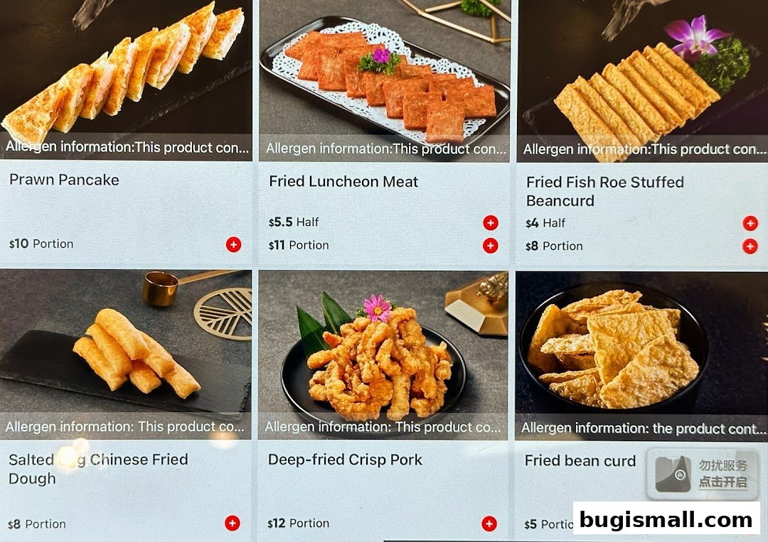 A menu display showing various fried dishes with prices and portion sizes.