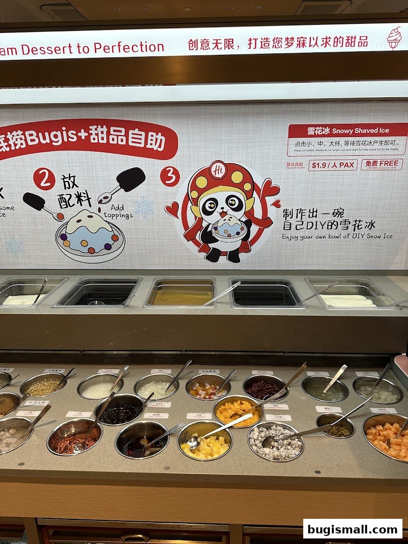 A DIY snowy shaved ice dessert station with various toppings and ingredients.