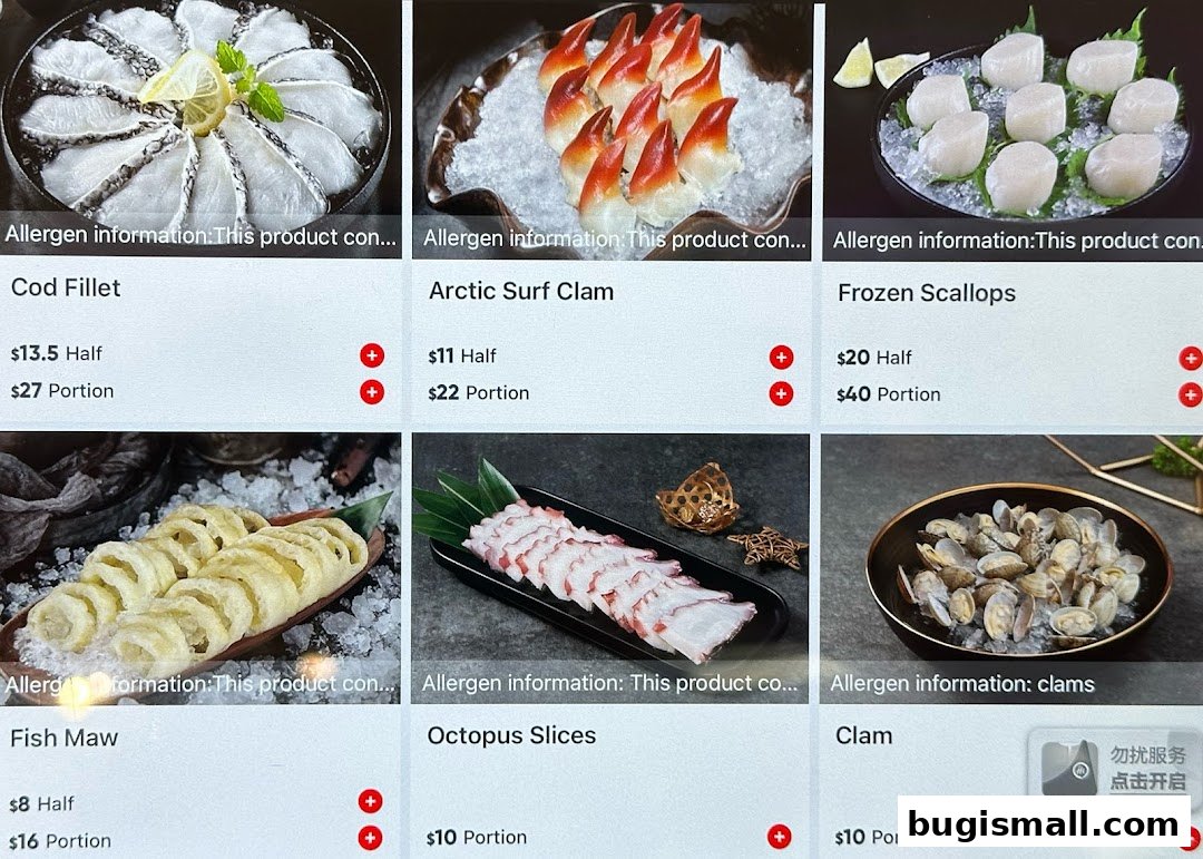 A menu display showing various seafood items for hot pot, including cod fillet, scallops, and octopus.
