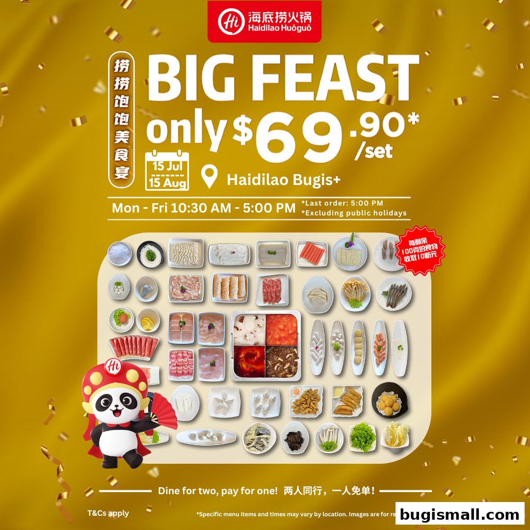 A promotional image for Haidilao Hot Pot Bugis featuring a 'Big Feast' set menu.