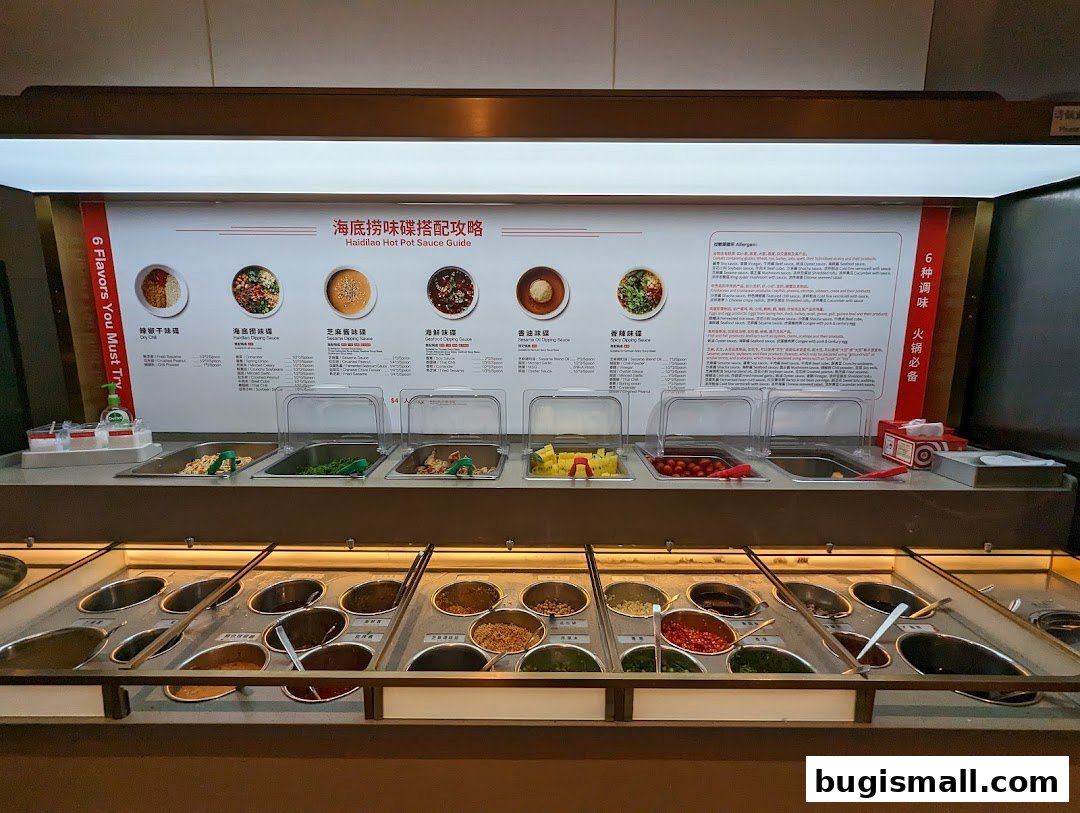 A display of various ingredients and sauces for hot pot at Haidilao.