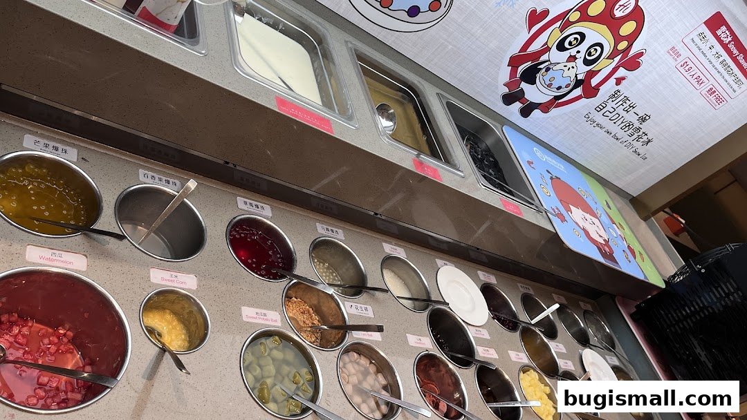 A display of various toppings and ingredients for DIY shaved ice.