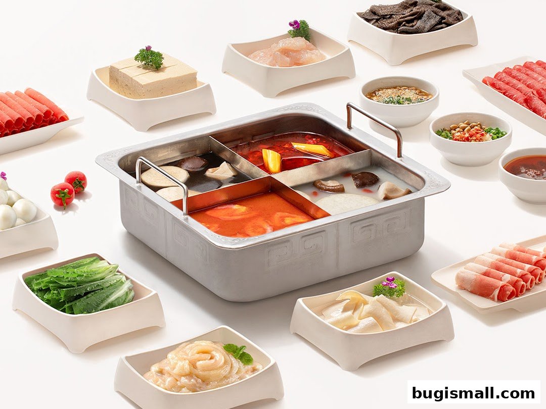 A spread of hot pot ingredients including various meats, tofu, vegetables, and dipping sauces.