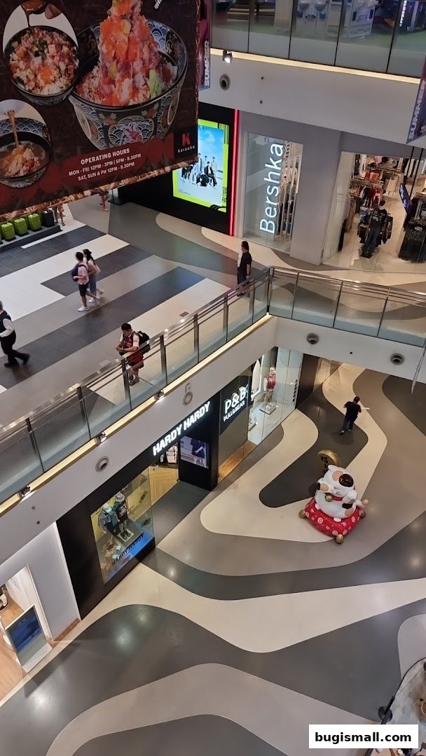 A view of a shopping mall interior showing the Hardy Hardy store and other shops.