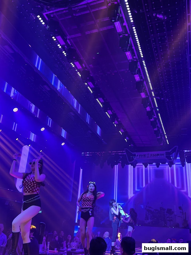 Performers in matching outfits dance on stage with dramatic lighting and a live show sign.