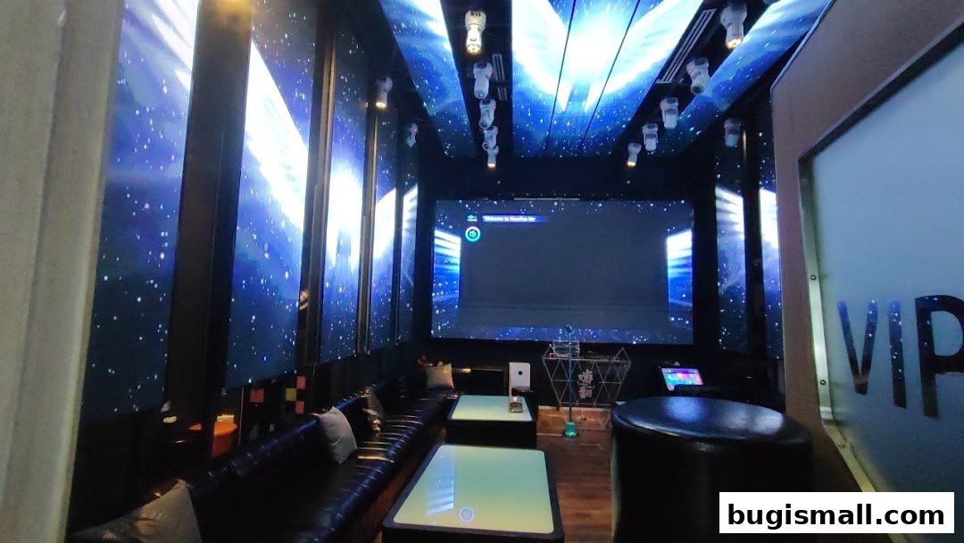 Interior of a karaoke room with a large screen, comfortable seating, and starry sky-themed decor.