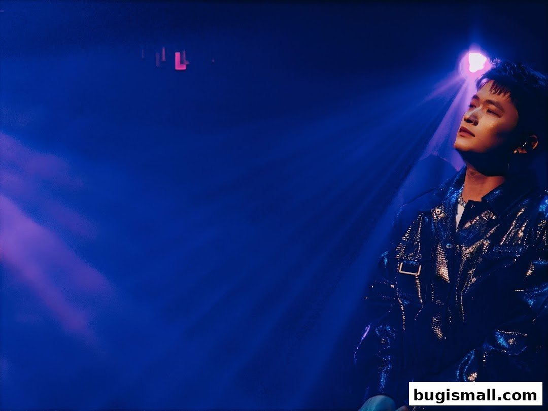 A performer bathed in blue and pink stage lights, looking upwards.