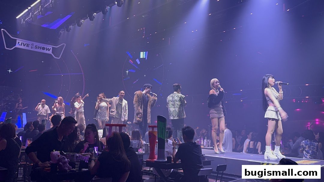 Performers on stage at a live show with an audience watching.