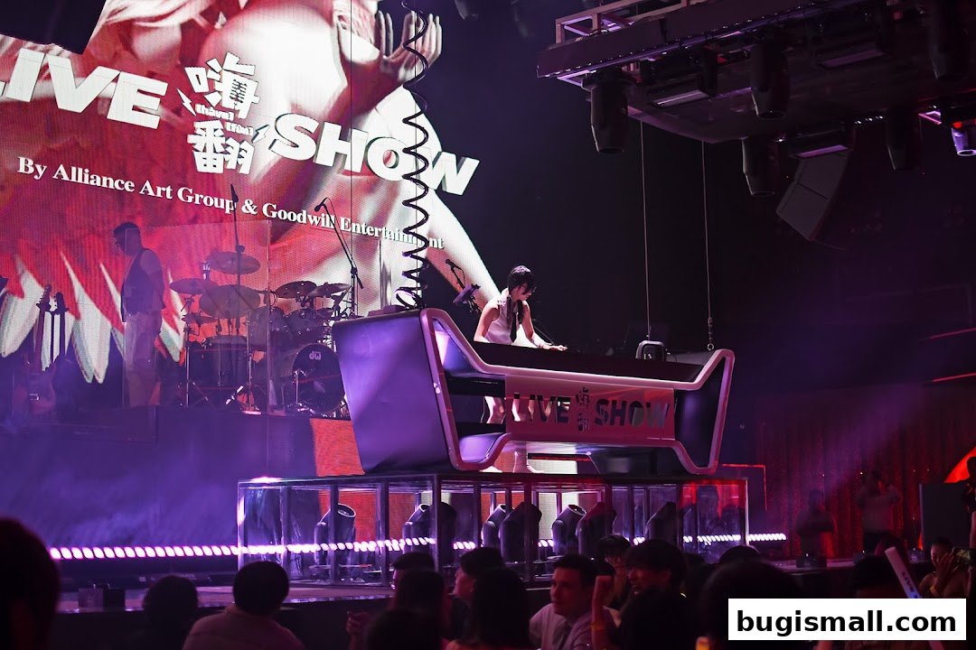 A DJ performs on stage at a live show with a large screen displaying the event name.