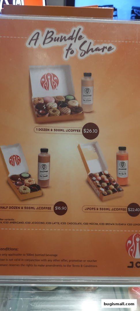 A menu display showing donut and coffee bundles from J.CO Donuts & Coffee.