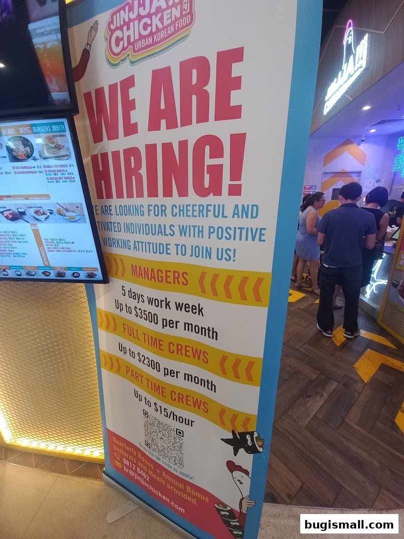A 'We Are Hiring' banner for JINJJA Chicken with job details and contact information.