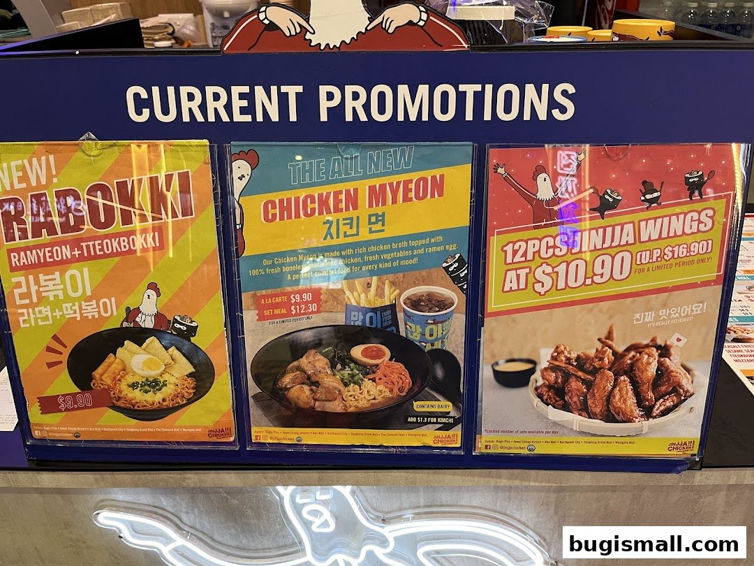 Promotional posters for Rabokki, Chicken Myeon, and Jinjja Wings at JINJJA Chicken.