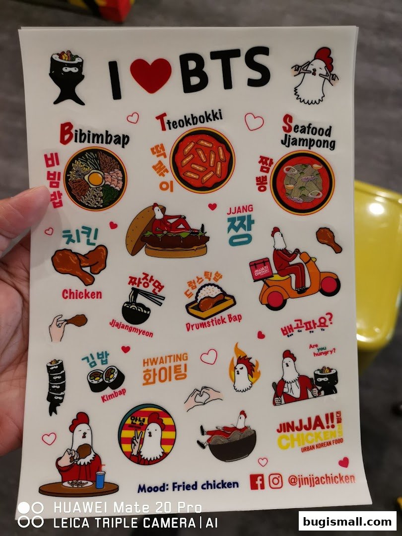 A sticker sheet featuring Korean food items and BTS-themed graphics.